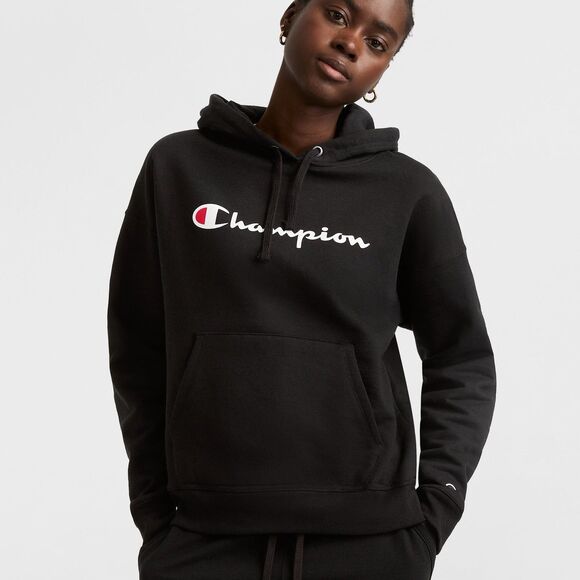Champion Women's Black Powerblend Fleece Hoodie Script Logo Relaxed- Size Large - Picture 1 of 9